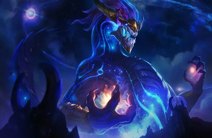 Aurelion Sol in his original skin, and a champion in League of Legends and Teamfight Tactics