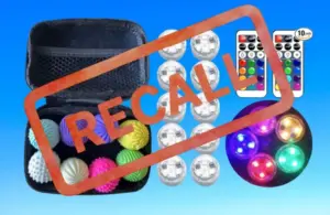 Images of recalled GLMZZ Fidget Magnet Ball Toys & Sunnyyes LED Mini Lights with Recall stamped over them