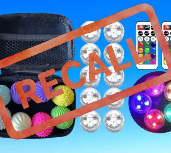 Images of recalled GLMZZ Fidget Magnet Ball Toys & Sunnyyes LED Mini Lights with Recall stamped over them