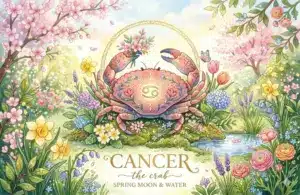 Image representing the astrology sign Cancer in a spring background surrounded by flowers