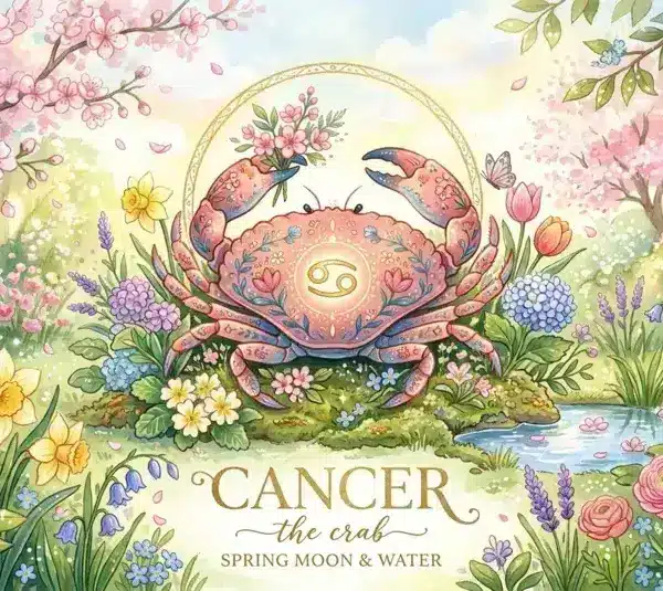Image representing the astrology sign Cancer in a spring background surrounded by flowers