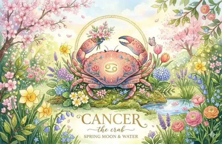 Image representing the astrology sign Cancer in a spring background surrounded by flowers