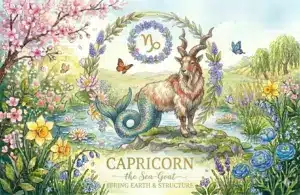 Image representing the astrology sign Capricorn in a spring background surrounded by flowers