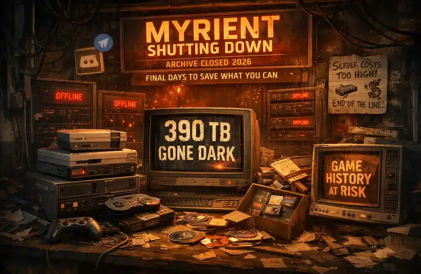 A chaoatic image of retro game consoles with Myrient Shutting Down with 390 TB of data being lost