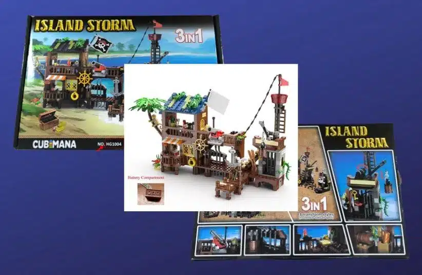 Images of the Cubimana Island Storm 3 In 1 Building Sets with LED Lights and box on a dark blue background