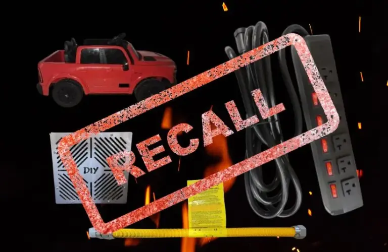 Images of recalled ride on truck, power strip, gas connector, and sauna kit with recall stamped over them