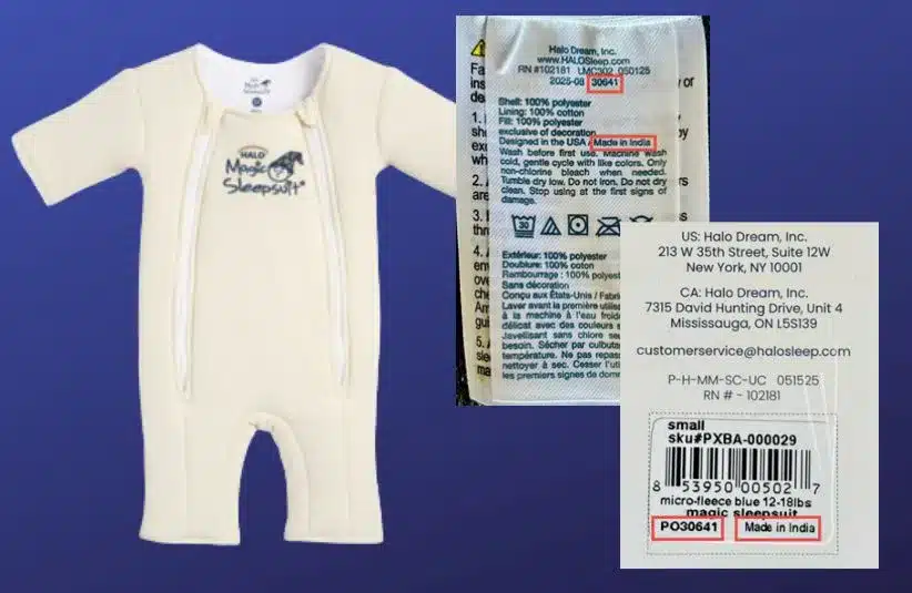 Image of Halo Magic Sleepsuit and tags on a dark blue background