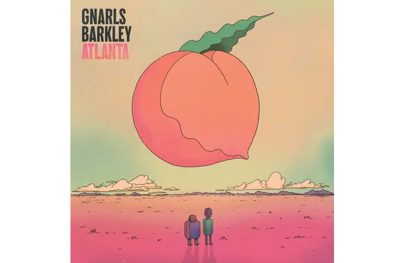 Duo Gnarls Barkley, in their album Atlanta, stand on a pink desert, gazing at a massive floating peach in a pastel sky. The mood is surreal, with a sense of wonder and contemplation.