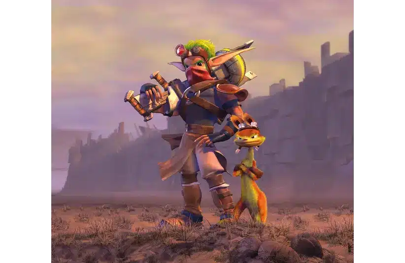 A warrior with spiky green hair and a small orange creature stand confidently on rocky terrain, Jak and Daxter, backlit by a hazy sunset and mountainous backdrop.