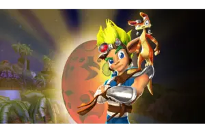 Character with spiky green hair, wearing a headband and blue outfit, confidently poses with a small, orange creature on his shoulder. Jak and Daxter Background shows a large, glowing orb and palm trees.