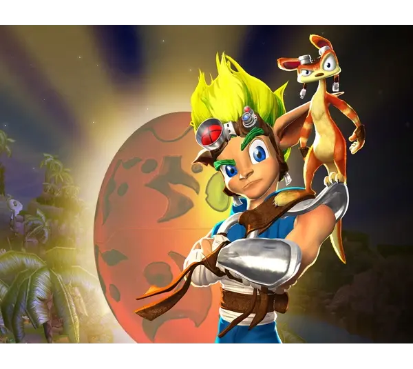 Character with spiky green hair, wearing a headband and blue outfit, confidently poses with a small, orange creature on his shoulder. Jak and Daxter Background shows a large, glowing orb and palm trees.