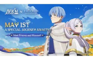 Anime-style illustration featuring a blue-haired man and elf woman gazing at a bright sky. Text: "May 1st, A Special Journey Awaits! Meet Frieren and Himmel." AFK Journey