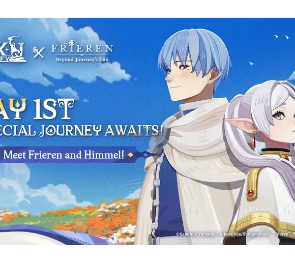 Anime-style illustration featuring a blue-haired man and elf woman gazing at a bright sky. Text: "May 1st, A Special Journey Awaits! Meet Frieren and Himmel." AFK Journey