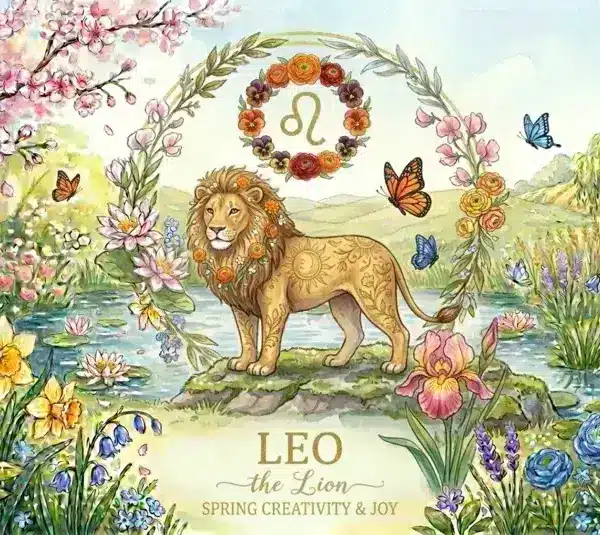 Image representing the astrology sign Leo in a spring background surrounded by flowers