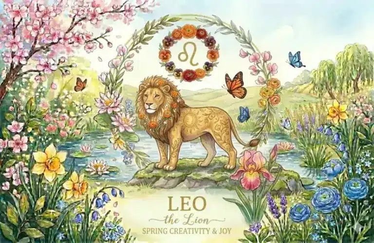 Image representing the astrology sign Leo in a spring background surrounded by flowers