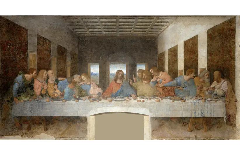 Photo of The Last Supper (1495-1498), Leonardo da Vinci. Mural, tempera on gesso, pitch and mastic, 700 x 880 cm (22.9 x 28.8 ft). Santa Maria delle Grazie Church, Milan