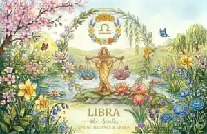 Image representing the astrology sign Leo in a spring background surrounded by flowers