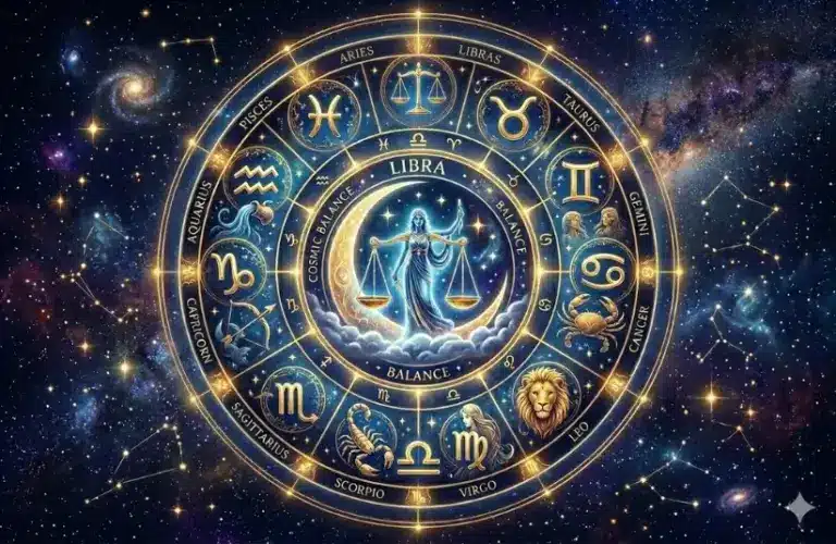 Libra Zodiac Wheel depicting night sky and Libra Scales