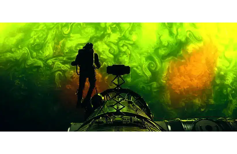 Astronaut silhouetted against a vibrant green and orange swirling nebula, standing on a space capsule, conveying exploration and wonder.