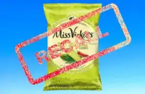 Image of Miss Vickie’s Spicy Dill Pickle Potato Chips bag on a light blue background with Recall stamped over it