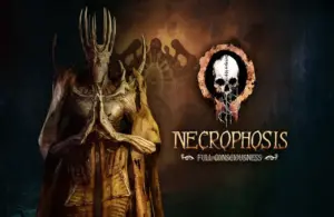 A skeletal humanoid figure stands with hands together; beside it is the logo of a stitched skull and the text “Necrophosis: Full Consciousness” on a dark, atmospheric background.