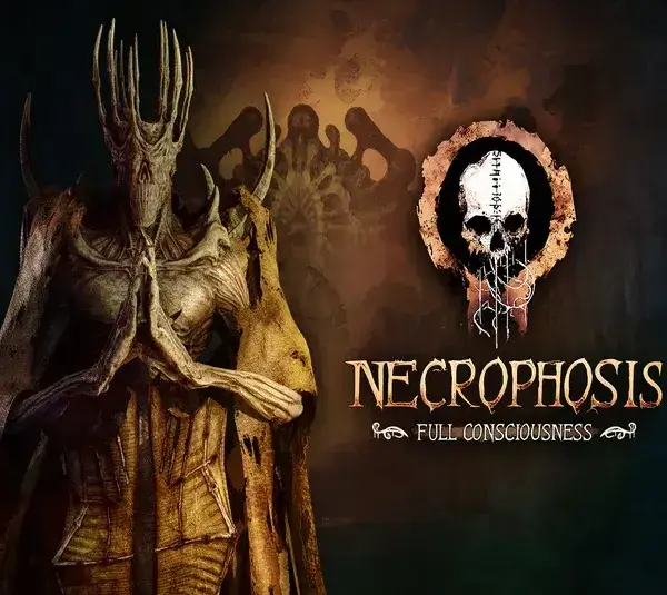 A skeletal humanoid figure stands with hands together; beside it is the logo of a stitched skull and the text “Necrophosis: Full Consciousness” on a dark, atmospheric background.