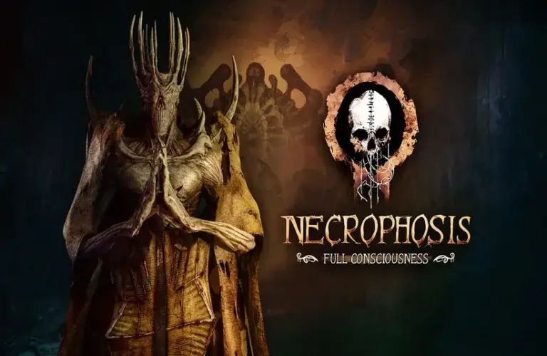 A skeletal humanoid figure stands with hands together; beside it is the logo of a stitched skull and the text “Necrophosis: Full Consciousness” on a dark, atmospheric background.
