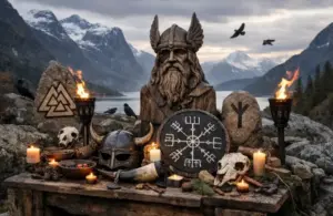 Norse Paganism depicted with Odin, runes, symbols and Northern landscape