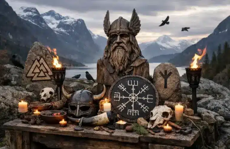 Norse Paganism depicted with Odin, runes, symbols and Northern landscape