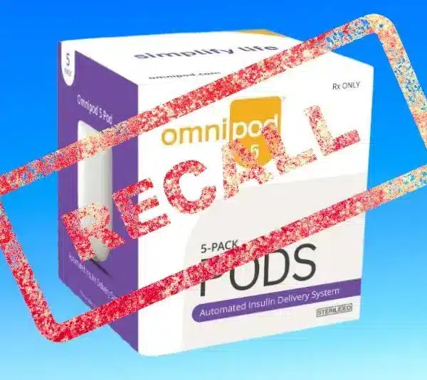 Image of Insulet Omni Pod 5 pods box with recall stamped over it