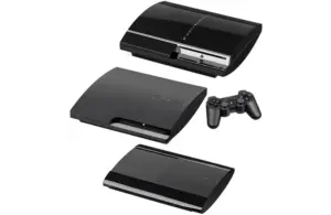 Image of Playstation 3, PlayStation 3 Slim, and PlayStation Super Slim, all black with a place Dual Shock controller
