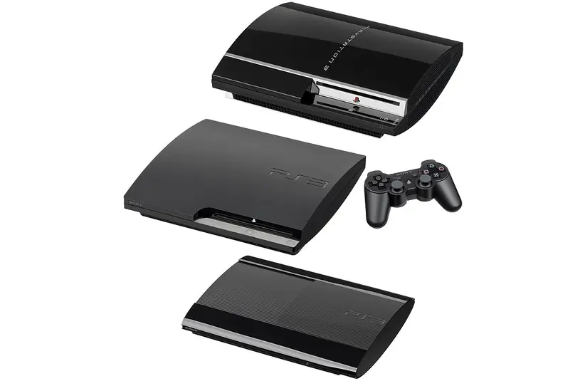 Image of Playstation 3, PlayStation 3 Slim, and PlayStation Super Slim, all black with a place Dual Shock controller