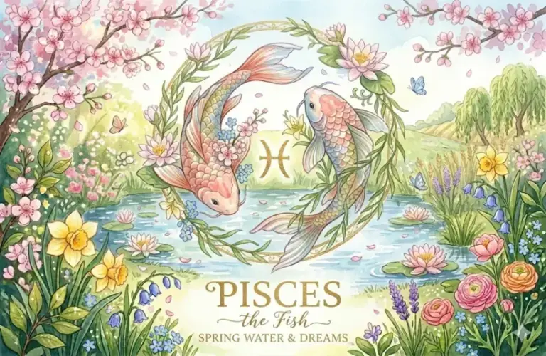 Image representing the astrology sign Pisces in a spring background surrounded by flowers