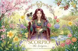 Image representing the astrology sign Scorpio in a spring background surrounded by flowers