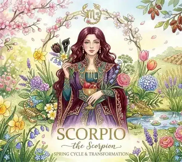 Image representing the astrology sign Scorpio in a spring background surrounded by flowers