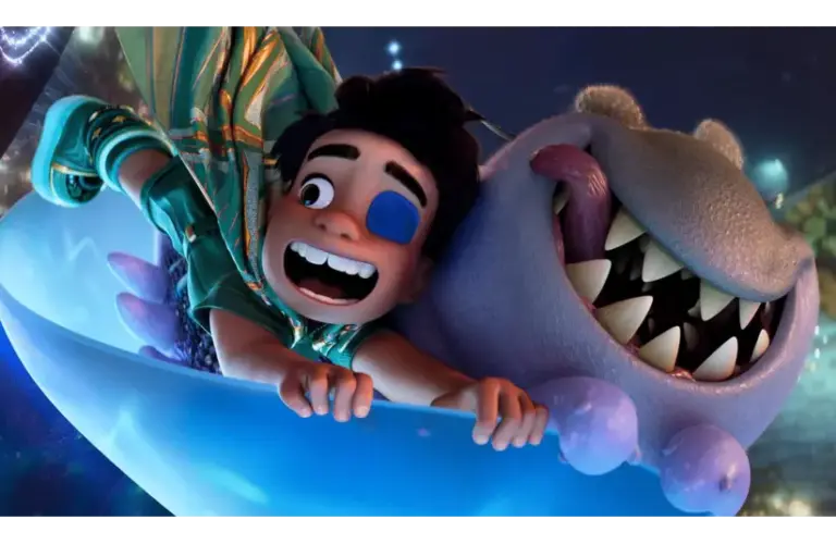 Characters from Disney Pixar "Elio" a boy and ginning shark alien falling through the sky