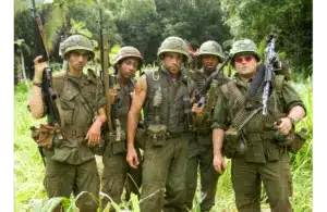Ben Stiller (center) in "Tropic Thunder" (2008). Stiller reacted to a recent X post from The White House regarding the war.