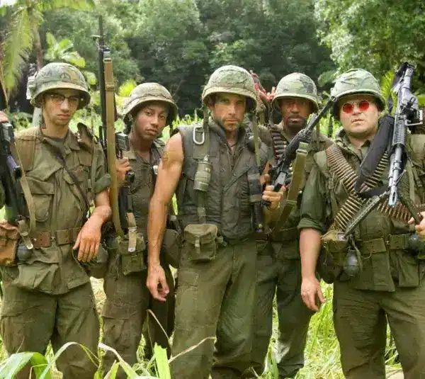 Ben Stiller (center) in "Tropic Thunder" (2008). Stiller reacted to a recent X post from The White House regarding the war.