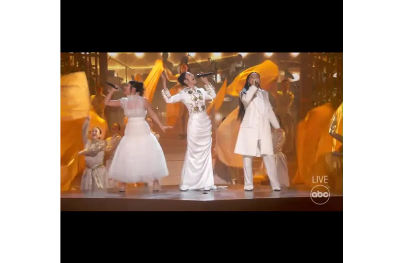 Image of EJAE, Audrey Nuna, and Rei Amy performing Golden from KPop Demon Hunters at the Oscars