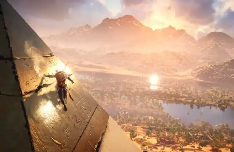 Gamers play Assassin's Creed Origins landscape shot