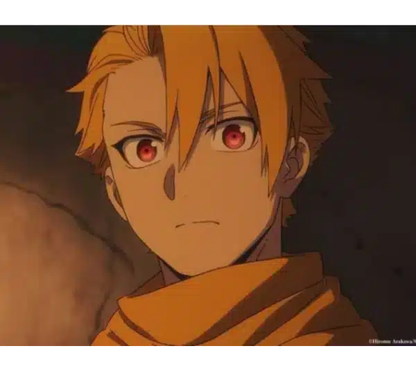 The character Yuru from Daemons from the Shadow Realm has orange hair and intense red eyes, wearing a yellow scarf. The dim background suggests a serious, tense mood.