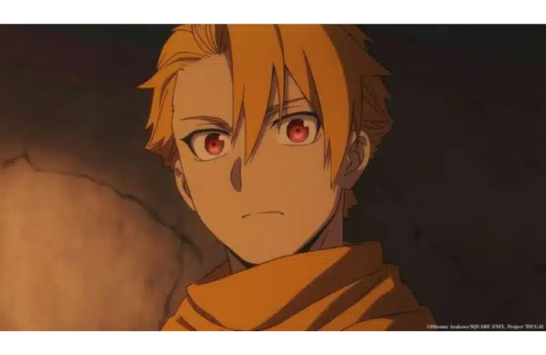 The character Yuru from Daemons from the Shadow Realm has orange hair and intense red eyes, wearing a yellow scarf. The dim background suggests a serious, tense mood.