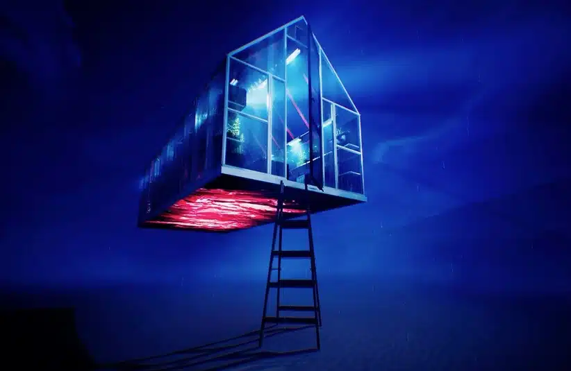 A glass house in Sleep Awake that hovers mid-air, illuminated by vibrant blue and red lights. A ladder leads to its entrance, set against a serene night sky.