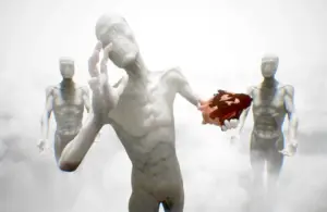 Three abstract, faceless humanoid figures stand amidst a cloudy, ethereal background. The central figure holds a dark, textured object, conveying a surreal tone. Sleep Awake