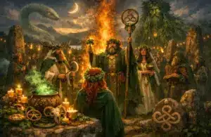 St. Patrick's Day Pagan depiction of druidic celebration with serpents, the green man, and Irish lore