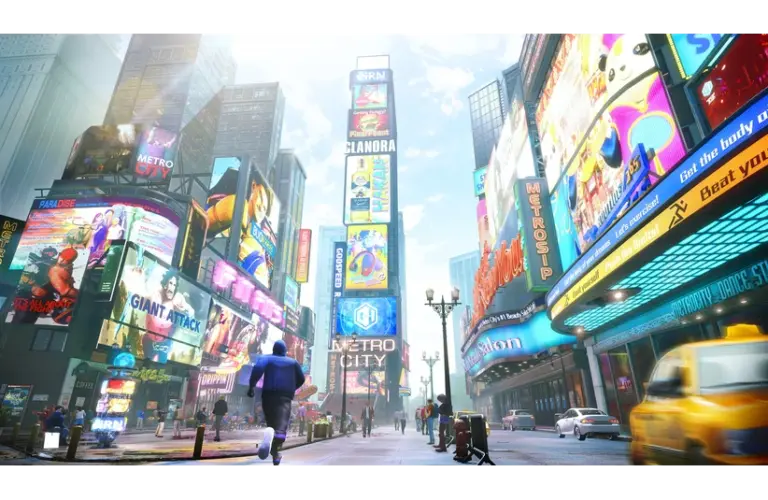A vibrant city scene with skyscrapers adorned in colorful billboards and neon lights. People walk the streets, and a yellow taxi is in motion, conveying energy. Street Fighter 6