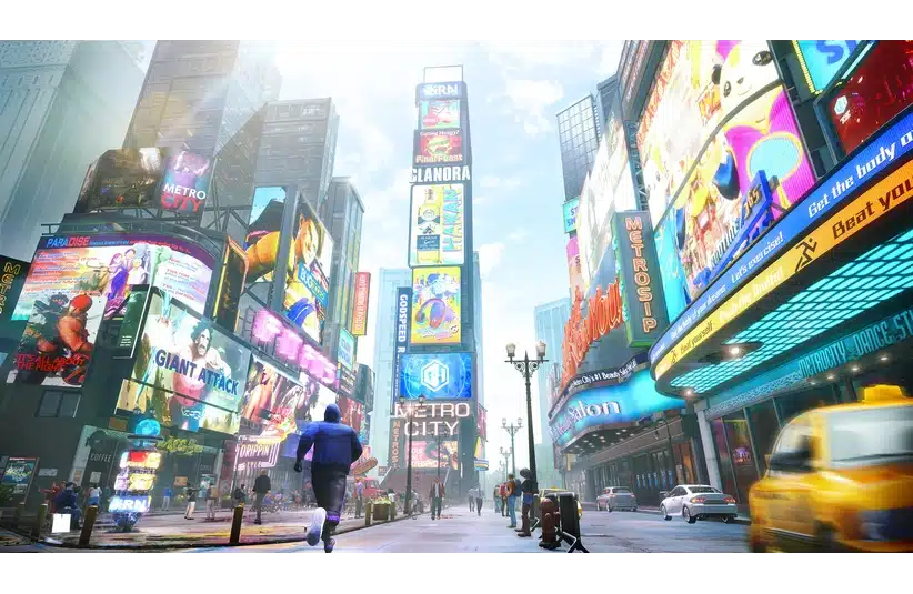 A vibrant city scene with skyscrapers adorned in colorful billboards and neon lights. People walk the streets, and a yellow taxi is in motion, conveying energy. Street Fighter 6