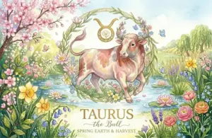 Image representing the astrology sign Taurus in a spring background surrounded by flowers