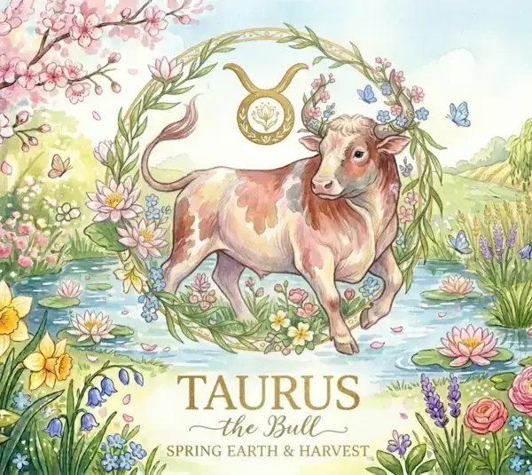 Image representing the astrology sign Taurus in a spring background surrounded by flowers