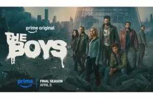 A group of seven diverse individuals stands amid urban rubble with a destroyed skyscraper backdrop. Text reads "The Boys, Final Season, April 8," conveying a tense, dramatic tone.